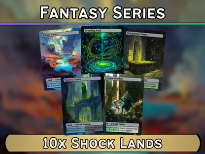 Shock Lands - Fantasy Shock Lands set of 10 - Unique Full-art Custom Magic proxies - High Quality Lands for your favorite Decks!